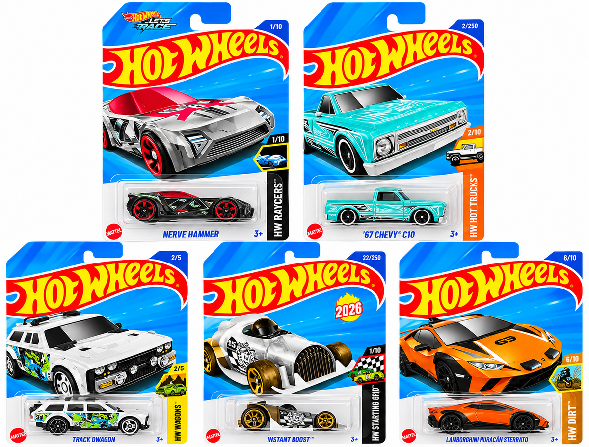 Hot Wheels 1:64 Die-Cast Car 5-Pack Combo – Lamborghini Huracán Sterrato, ’67 Chevy C10, Track Dwagon, Instant Boost & Nerve Hammer