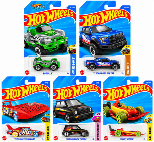 Hot Wheels 1:64 Die-Cast 5-Pack Combo – ’17 Ford F-150 Raptor, ’70 Plymouth Superbird, ’85 Honda City Turbo II, Bogzilla & Street Wiener