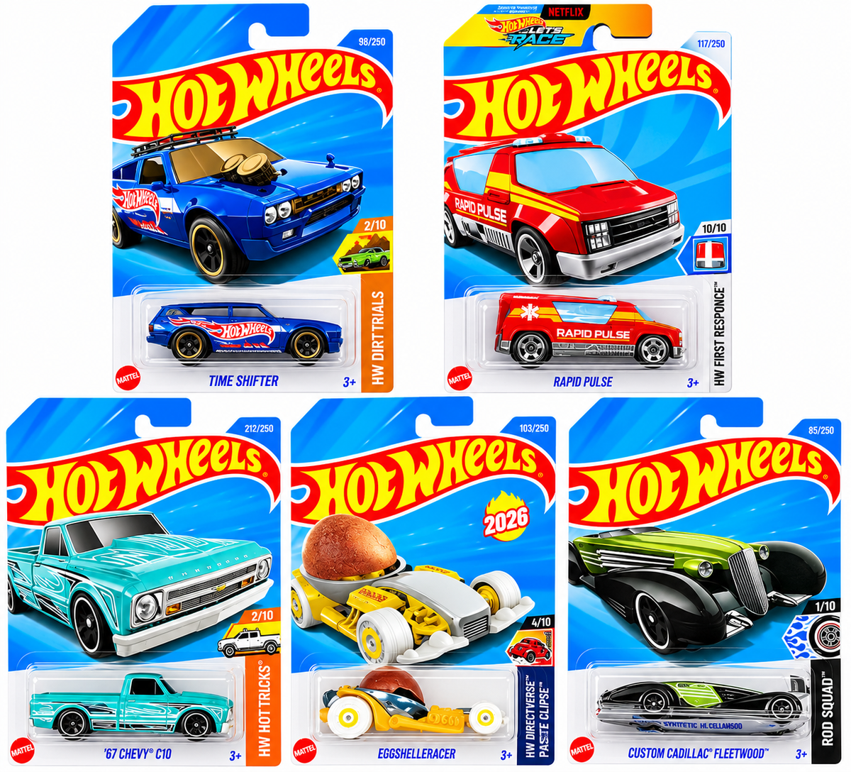 Hot Wheels 1:64 Die-Cast 5-Pack Combo – ’67 Chevy C10, Custom Cadillac Fleetwood, Time Shifter, Rapid Pulse & Eggshelleracer