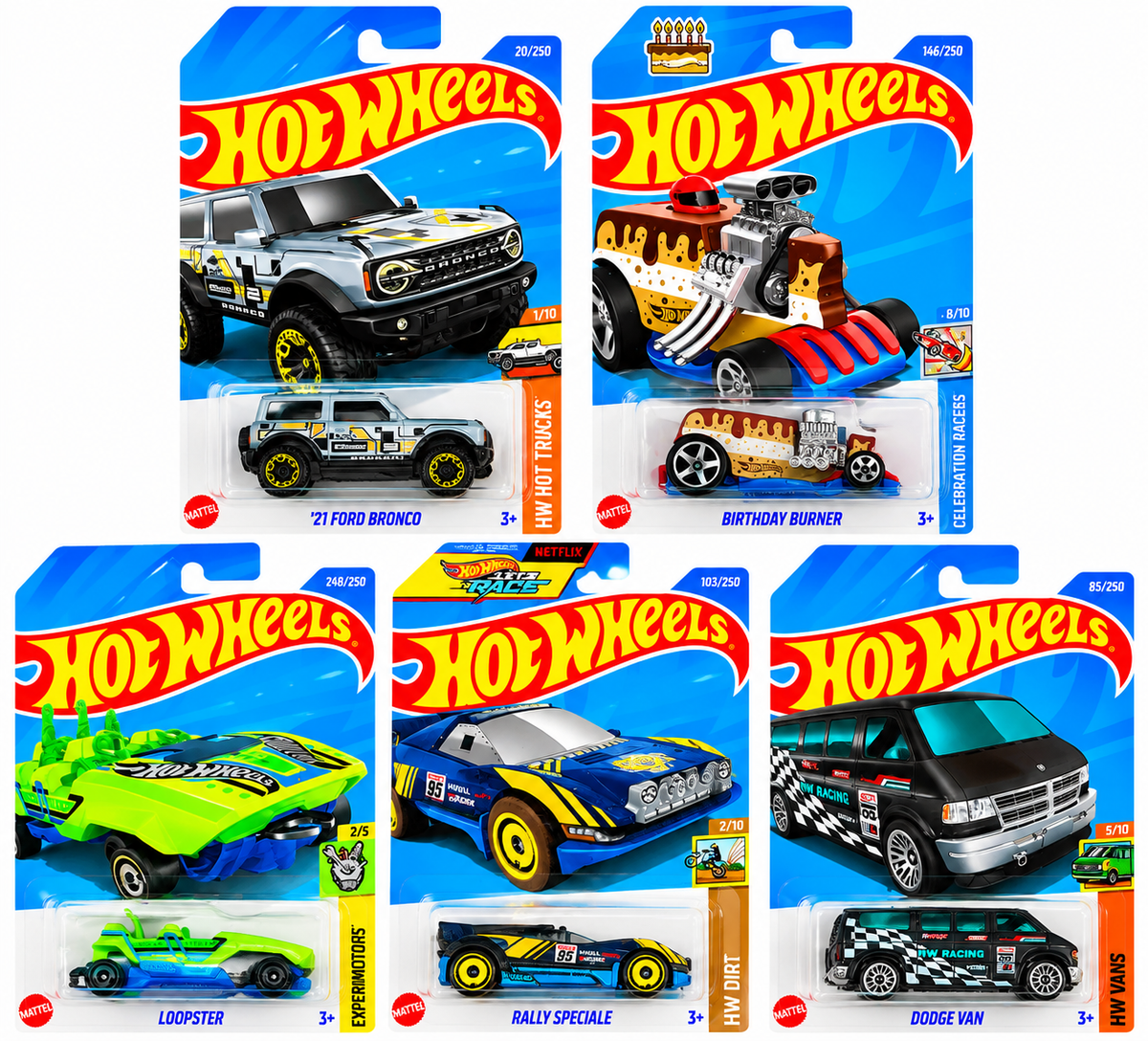 Hot Wheels 1:64 Die-Cast 5-Pack Combo – ’21 Ford Bronco, Birthday Burner, Loopster, Rally Speciale & Dodge Van