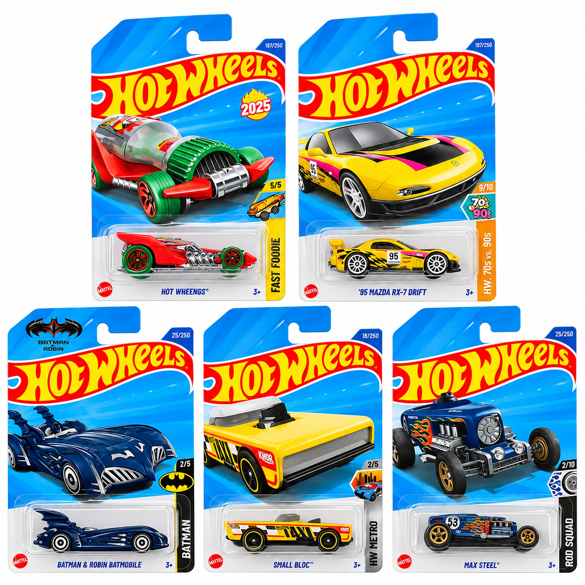 Hot Wheels 1:64 Die-Cast Car 5-Pack Combo – ’95 Mazda RX-7 Drift, Hot Wheengs, Batman & Robin Batmobile, Small Bloc & Max Steel Collectible Cars