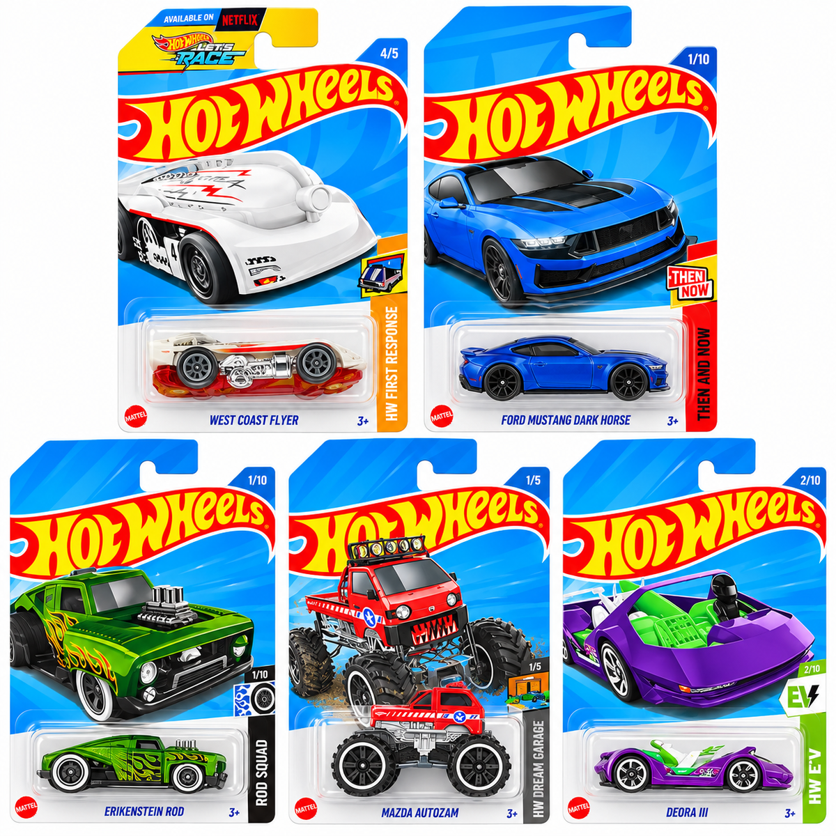Hot Wheels 1:64 Die-Cast Car 5-Pack Combo – Ford Mustang Dark Horse, West Coast Flyer, Erikenstein Rod, Mazda Autozam & Deora III