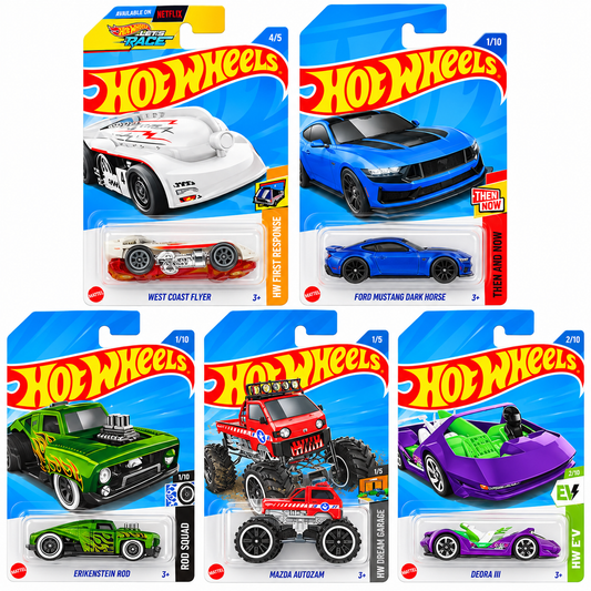 Hot Wheels 1:64 Die-Cast Car 5-Pack Combo – Ford Mustang Dark Horse, West Coast Flyer, Erikenstein Rod, Mazda Autozam & Deora III