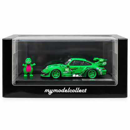 MyModelCollect 1:64 Porsche 911 RAUH-Welt Begriff (RWB) #80 Green Diecast Model Car with Dinosaur Figure & Display Case