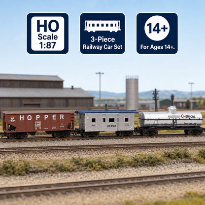 HANFIY 95012 HO Scale 1:87 Railroad Freight Train Model 3-Car Set – Hopper, HF&MX Rail Car & Chemical Tank Car | Collector Model | 14+