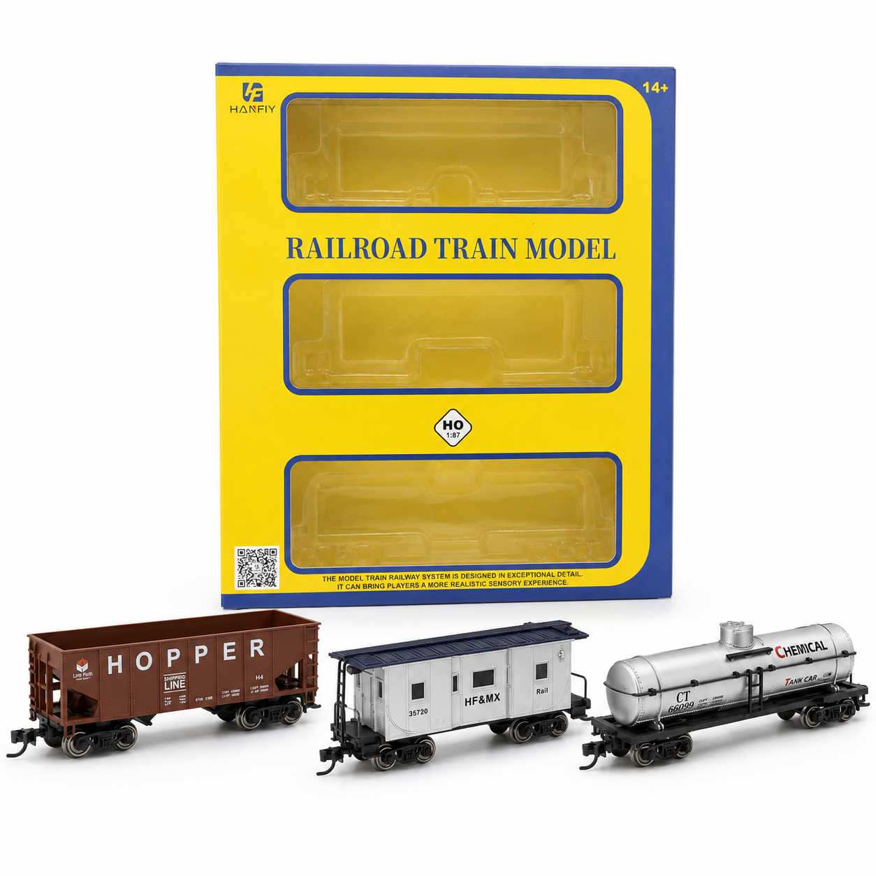 HANFIY 95012 HO Scale 1:87 Railroad Freight Train Model 3-Car Set – Hopper, HF&MX Rail Car & Chemical Tank Car | Collector Model | 14+