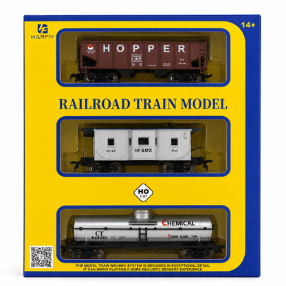 HANFIY 95012 HO Scale 1:87 Railroad Freight Train Model 3-Car Set – Hopper, HF&MX Rail Car & Chemical Tank Car | Collector Model | 14+