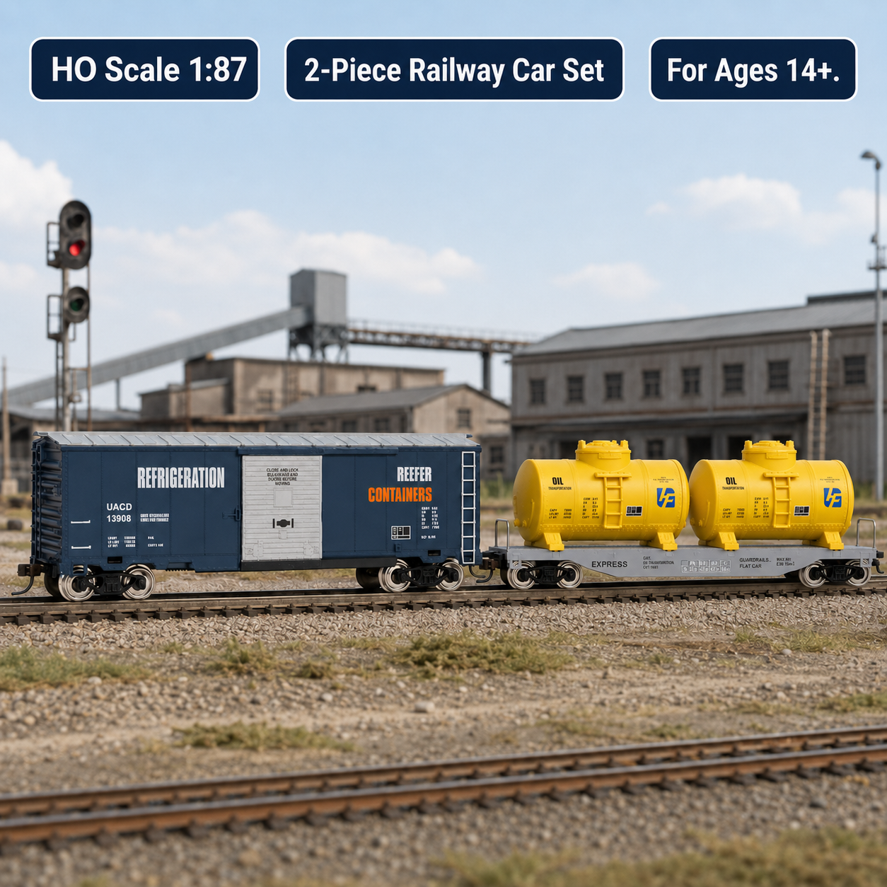 HANFIY 95001 HO Scale 1:87 Railroad Freight Train Model 2-Car Set – Refrigeration Reefer Boxcar & Twin Oil Tank Wagon | 14+