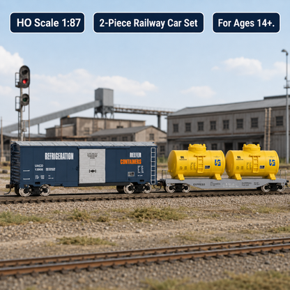 HANFIY 95001 HO Scale 1:87 Railroad Freight Train Model 2-Car Set – Refrigeration Reefer Boxcar & Twin Oil Tank Wagon | 14+