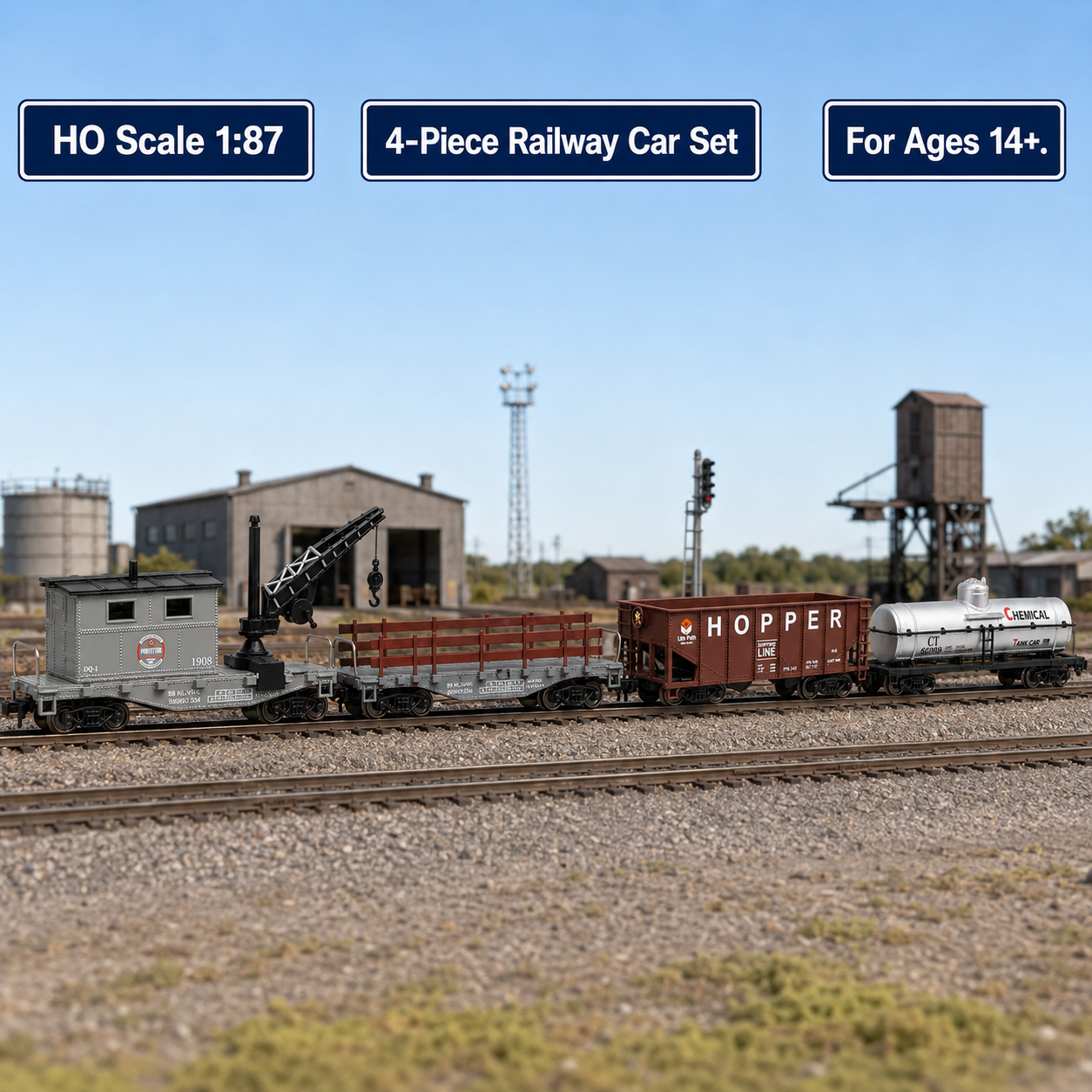 HANFIY 95017 HO Scale 1:87 Railroad Freight Train Model 4-Car Set – Crane Car, Flat Car, Hopper & Chemical Tank Car | 14+