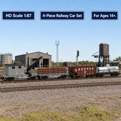 HANFIY 95017 HO Scale 1:87 Railroad Freight Train Model 4-Car Set – Crane Car, Flat Car, Hopper & Chemical Tank Car | 14+