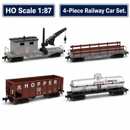 HANFIY 95017 HO Scale 1:87 Railroad Freight Train Model 4-Car Set – Crane Car, Flat Car, Hopper & Chemical Tank Car | 14+
