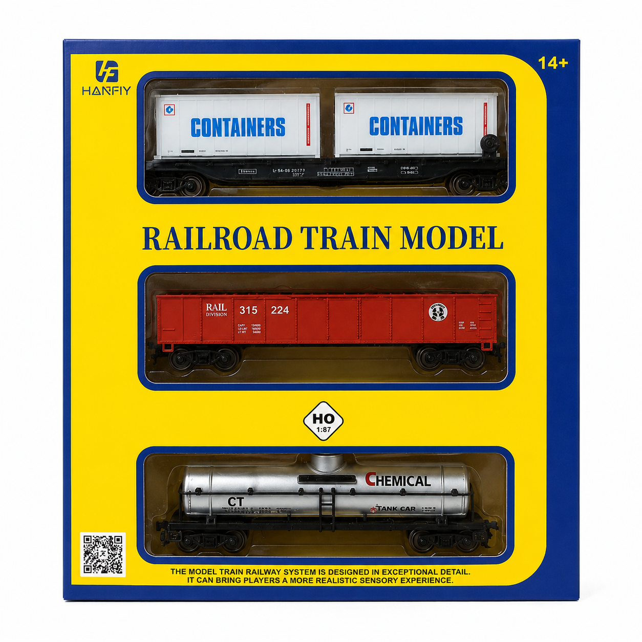 HANFIY 95008 HO Scale 1:87 Railroad Train Model 3-Car Freight Set – Double Container Flat Car, RAIL 315 224 Freight Wagon & Chemical Tank Car | 14+