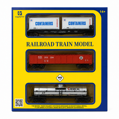 HANFIY 95008 HO Scale 1:87 Railroad Train Model 3-Car Freight Set – Double Container Flat Car, RAIL 315 224 Freight Wagon & Chemical Tank Car | 14+