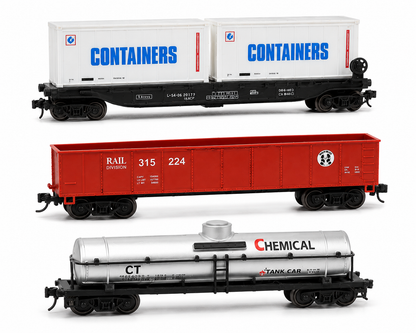 HANFIY 95008 HO Scale 1:87 Railroad Train Model 3-Car Freight Set – Double Container Flat Car, RAIL 315 224 Freight Wagon & Chemical Tank Car | 14+