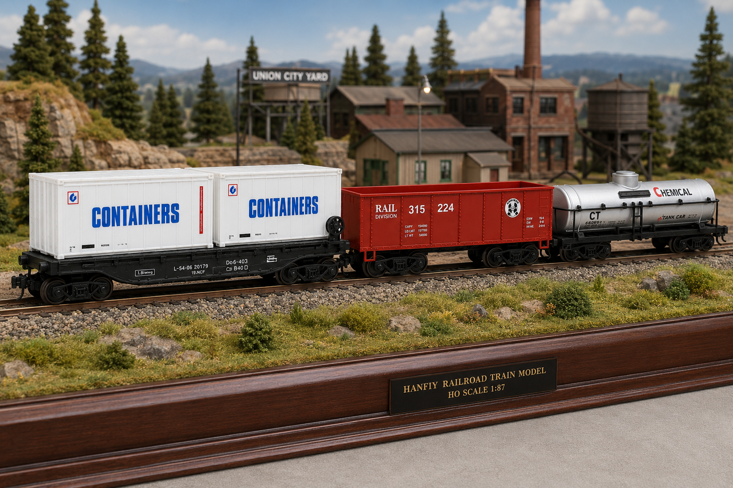 HANFIY 95008 HO Scale 1:87 Railroad Train Model 3-Car Freight Set – Double Container Flat Car, RAIL 315 224 Freight Wagon & Chemical Tank Car | 14+