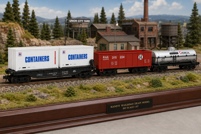 HANFIY 95008 HO Scale 1:87 Railroad Train Model 3-Car Freight Set – Double Container Flat Car, RAIL 315 224 Freight Wagon & Chemical Tank Car | 14+