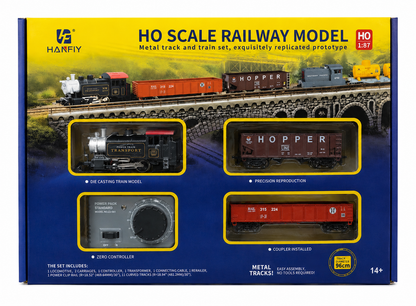 HANFIY 66100 HO Scale 1:87 Electric Railway Train Set with Steam Locomotive, 2 Freight Cars, Metal Track & Controller | 96 cm Track | 14+