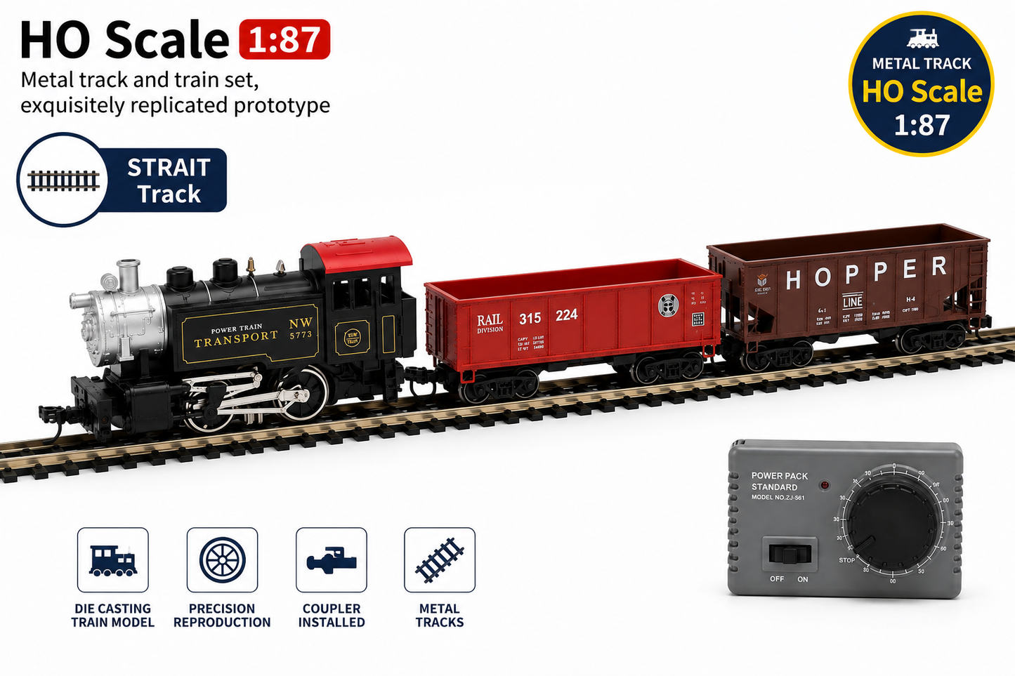 HANFIY 66100 HO Scale 1:87 Electric Railway Train Set with Steam Locomotive, 2 Freight Cars, Metal Track & Controller | 96 cm Track | 14+