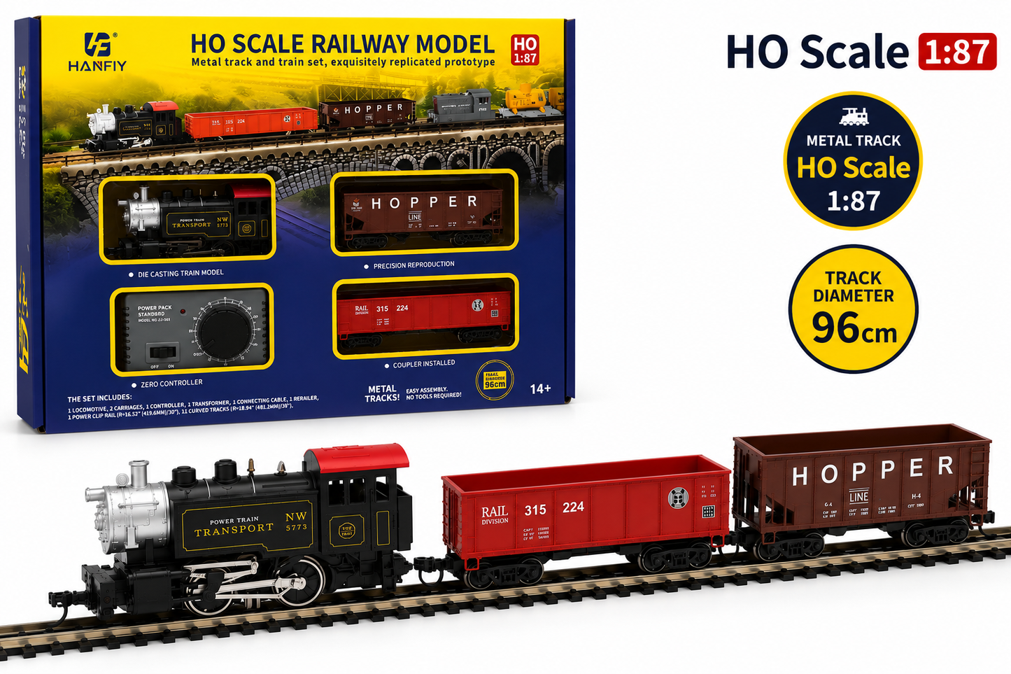 HANFIY 66100 HO Scale 1:87 Electric Railway Train Set with Steam Locomotive, 2 Freight Cars, Metal Track & Controller | 96 cm Track | 14+