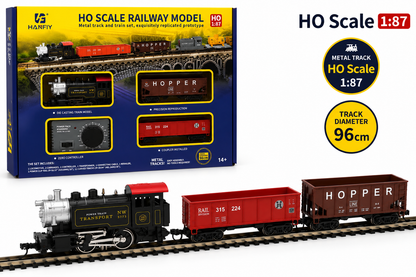 HANFIY 66100 HO Scale 1:87 Electric Railway Train Set with Steam Locomotive, 2 Freight Cars, Metal Track & Controller | 96 cm Track | 14+