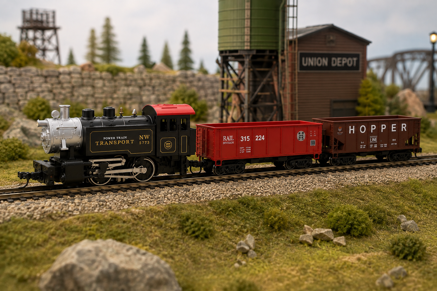 HANFIY 66100 HO Scale 1:87 Electric Railway Train Set with Steam Locomotive, 2 Freight Cars, Metal Track & Controller | 96 cm Track | 14+