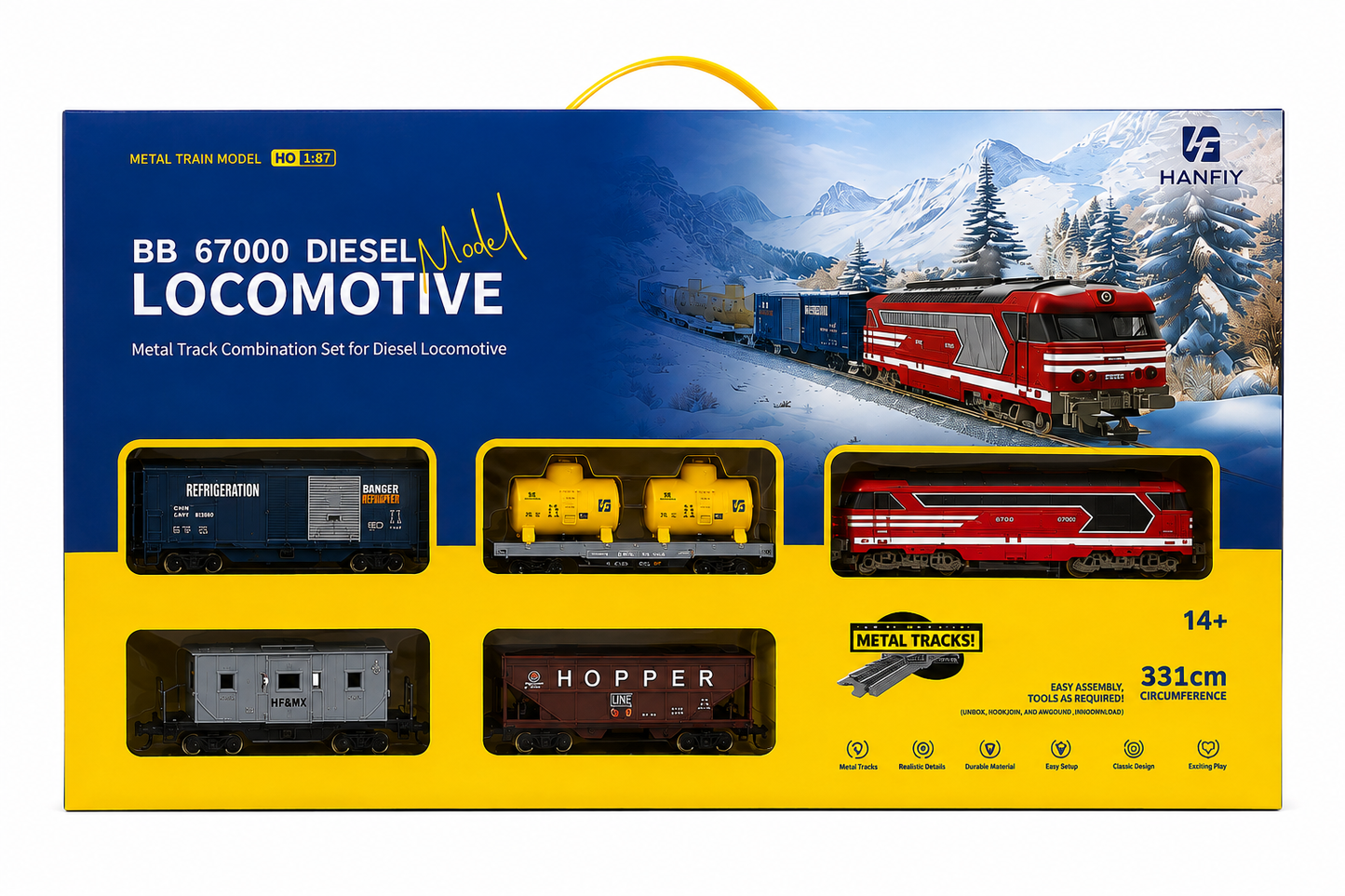 HANFIY 66140 BB 67000 HO Scale 1:87 Electric Diesel Train Set with 5-Piece Train, Metal Track & Controller | 331 cm Track | 14+