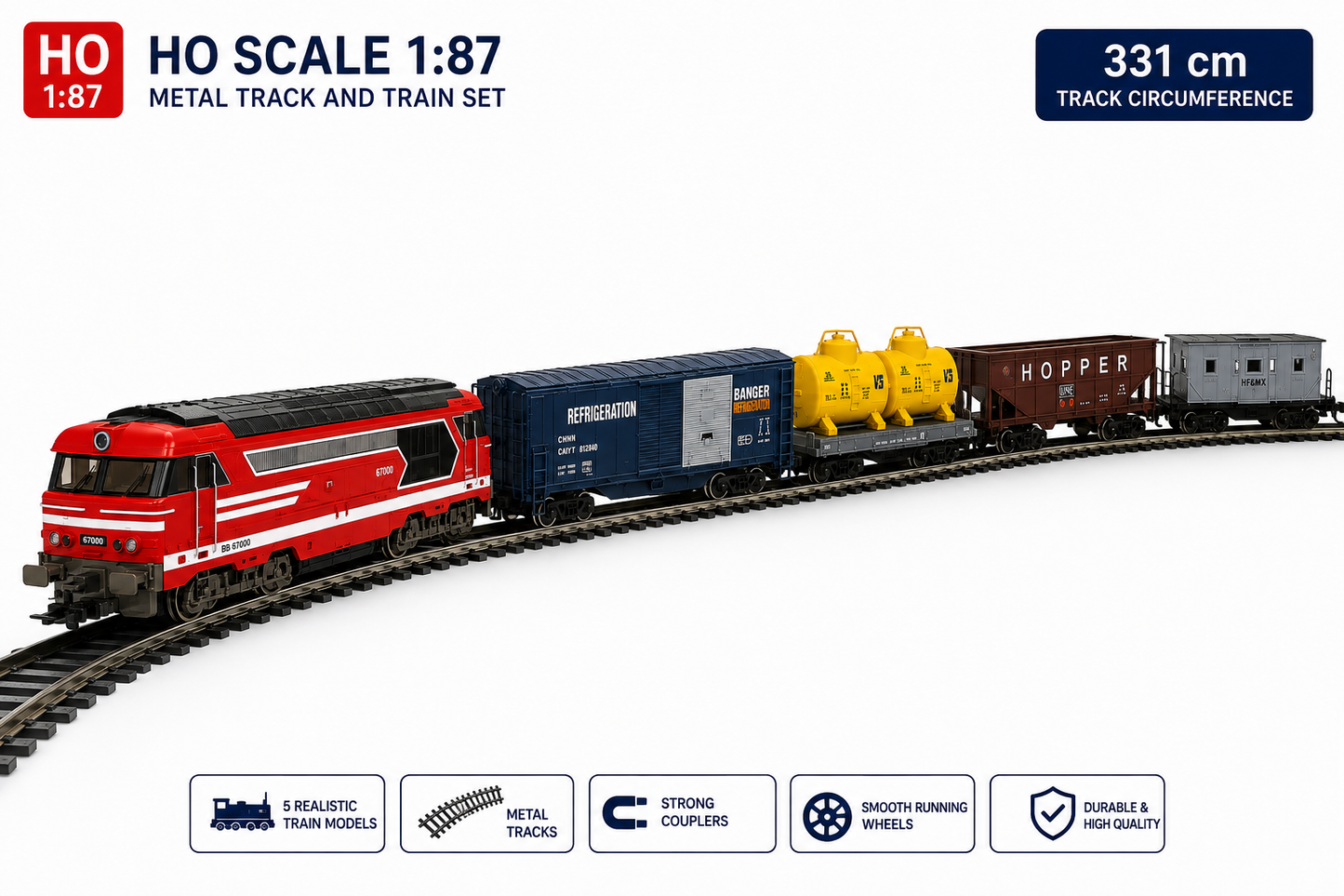 HANFIY 66140 BB 67000 HO Scale 1:87 Electric Diesel Train Set with 5-Piece Train, Metal Track & Controller | 331 cm Track | 14+