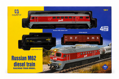 HANFIY 66700A Russian M62 Diesel Train 4 Car Set HO Scale 1:87 | Locomotive with 3 Freight Wagons | Model Railway Train