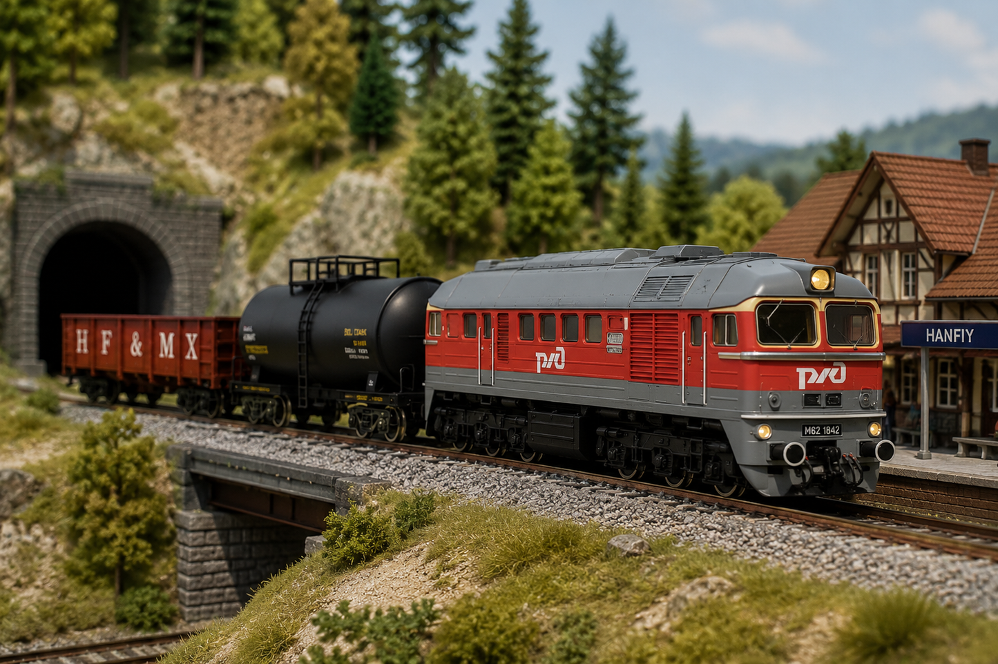 HANFIY 66700A Russian M62 Diesel Train 4 Car Set HO Scale 1:87 | Locomotive with 3 Freight Wagons | Model Railway Train