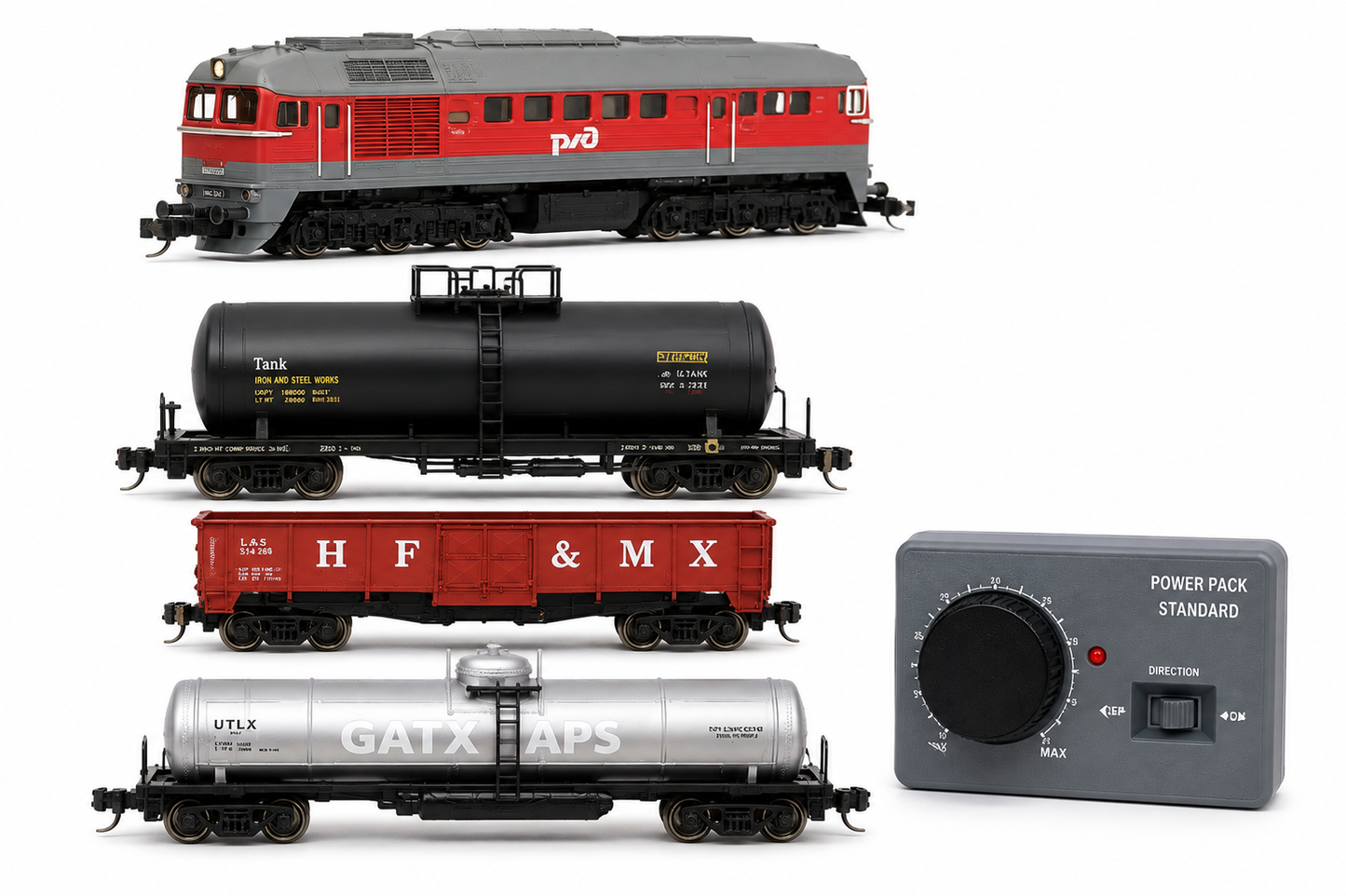 HANFIY 66700A Russian M62 Diesel Train 4 Car Set HO Scale 1:87 | Locomotive with 3 Freight Wagons | Model Railway Train
