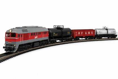 HANFIY 66700A Russian M62 Diesel Train 4 Car Set HO Scale 1:87 | Locomotive with 3 Freight Wagons | Model Railway Train