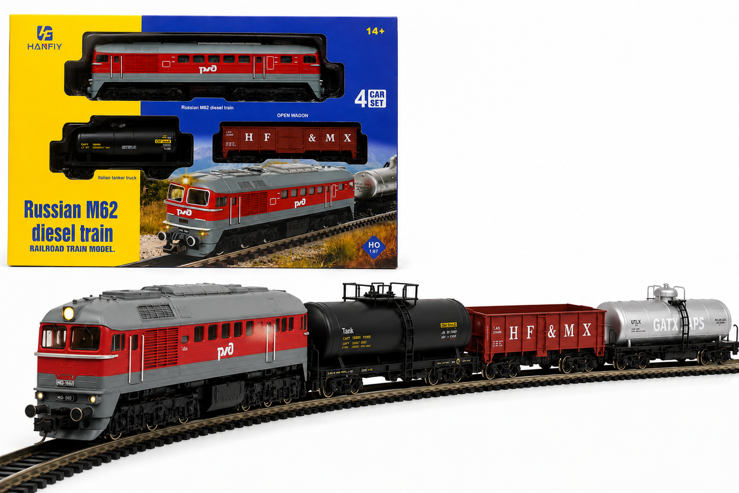 HANFIY 66700A Russian M62 Diesel Train 4 Car Set HO Scale 1:87 | Locomotive with 3 Freight Wagons | Model Railway Train