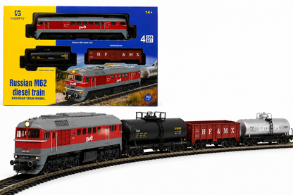 HANFIY 66700A Russian M62 Diesel Train 4 Car Set HO Scale 1:87 | Locomotive with 3 Freight Wagons | Model Railway Train
