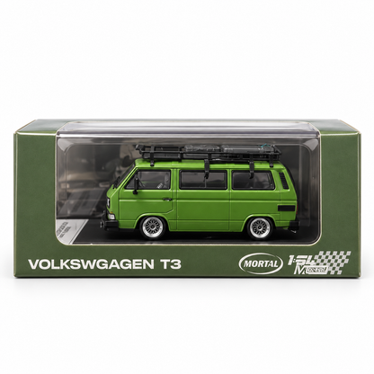 Mortal 1:64 Volkswagen T3 Lowrider Military Green Die-Cast VW Van Model with Bicycles, Roof Rack & Surfboard