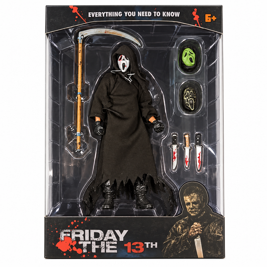 Ghost Face Friday the 13th Horror Action Figure with Scythe, 3 Knives & 2 Alternate Masks, Black Hooded Costume, Horror Collectible Display Figure Set for Kids 6+, Halloween Décor, Gifting & Collectors