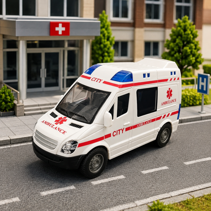 City Ambulance Push-Along Toy Vehicle | Openable Doors, Detailed Interior & Emergency Rescue Van for Kids | White