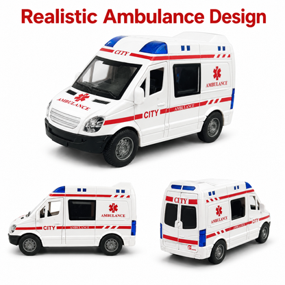 City Ambulance Push-Along Toy Vehicle | Openable Doors, Detailed Interior & Emergency Rescue Van for Kids | White