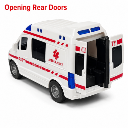 City Ambulance Push-Along Toy Vehicle | Openable Doors, Detailed Interior & Emergency Rescue Van for Kids | White