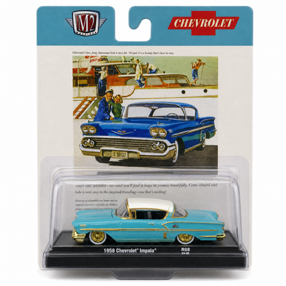 M2 Machines 1:64 1958 Chevrolet Impala Chase Piece | Aqua Blue & White Die-Cast Model Car with Golden Wheels