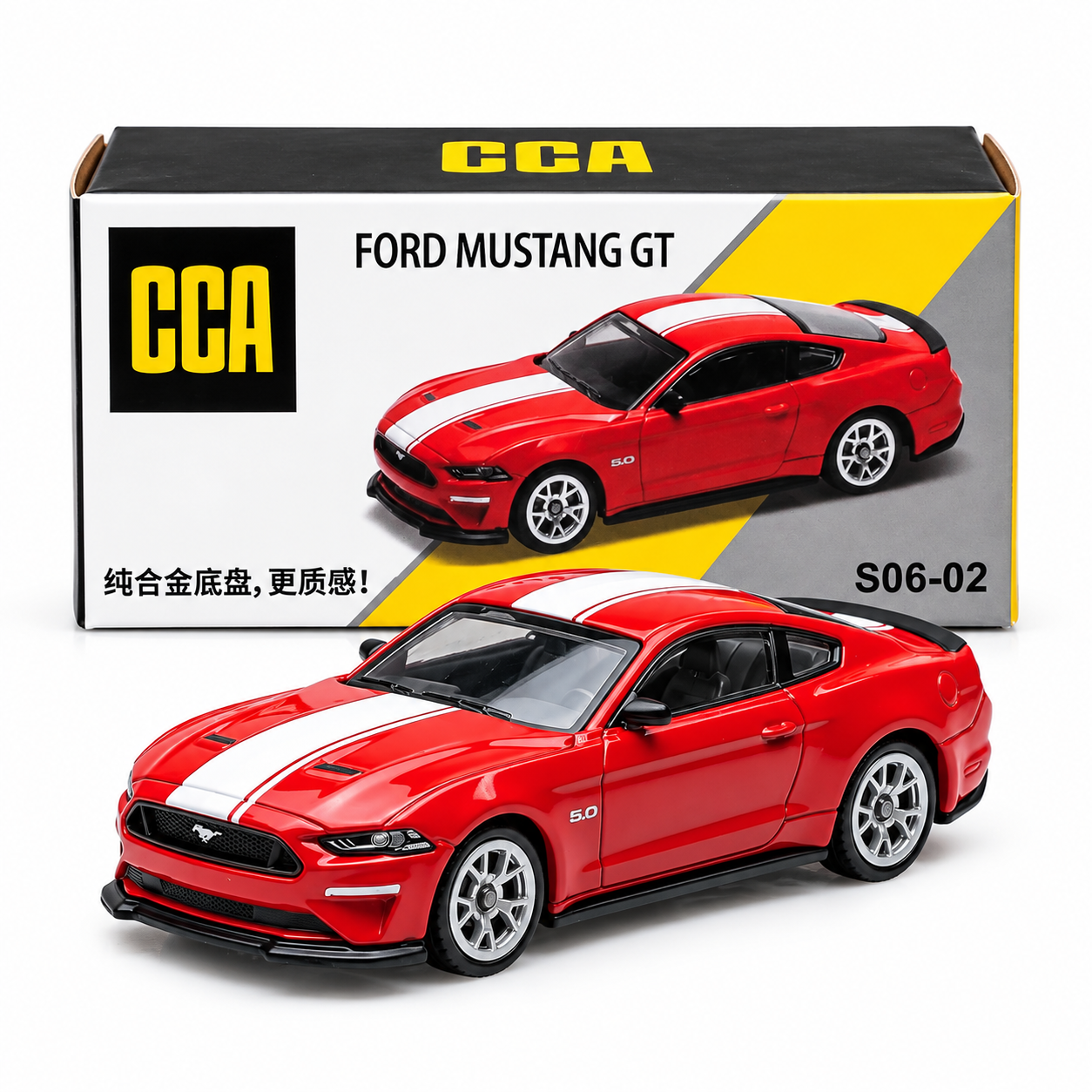 CCA 1:64 Ford Mustang GT S06-02 Die-Cast Model Car | Red American Muscle Car with White Racing Stripes, Detailed Interior & Silver Sport Wheels | Premium Collectible Miniature