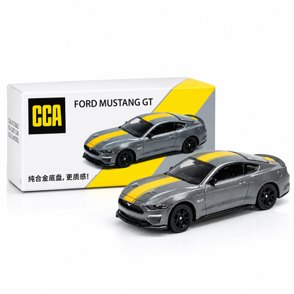 CCA 1:64 Ford Mustang GT S06-01 Die-Cast Model Car | Metallic Grey American Muscle Car with Yellow Racing Stripes, Black Sport Wheels & Detailed Interior | Premium Collectible Miniature Car for Mustang Fans & Die-Cast Collectors