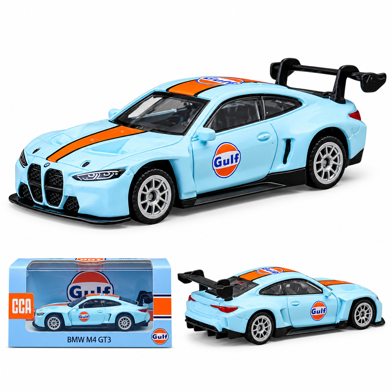 CCA 1:64 BMW M4 GT3 Gulf Racing Edition Die-Cast Model Car with Display Base & Protective Case | Detailed Motorsport Collectible Miniature Racing Car | Premium Model for BMW & Die-Cast Collectors