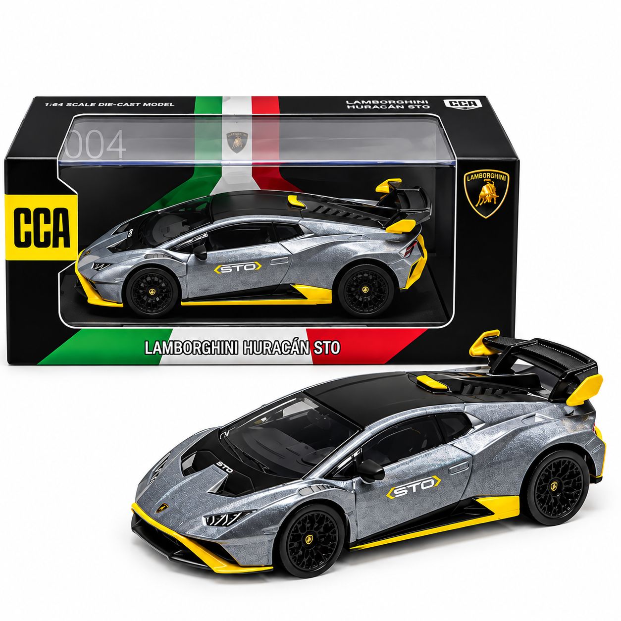 CCA 1:64 Lamborghini Huracán STO Die-Cast Model Car | Metallic Grey Supercar with Yellow Accents, Detailed Interior & Racing Rear Wing | Premium Collectible Miniature Car for Lamborghini & Die-Cast Collectors