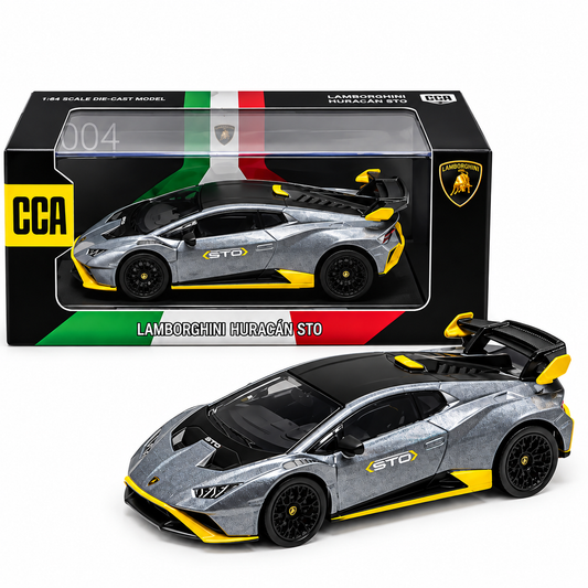 CCA 1:64 Lamborghini Huracán STO Die-Cast Model Car | Metallic Grey Supercar with Yellow Accents, Detailed Interior & Racing Rear Wing | Premium Collectible Miniature Car for Lamborghini & Die-Cast Collectors