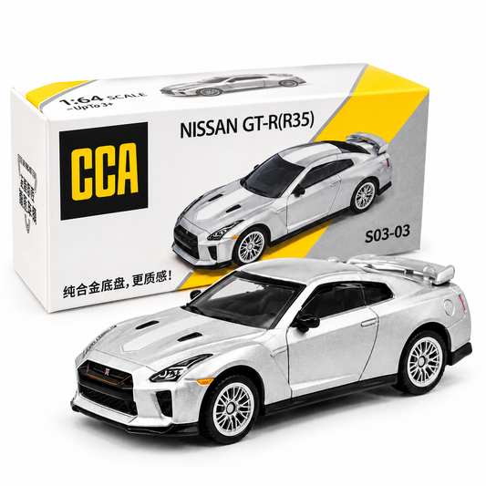 CCA Nissan GT-R (R35) 1:64 Scale Die-Cast Model Car S03-03 | Premium Silver Nissan GT-R Sports Car Miniature with Detailed Interior, Realistic Wheels & Rear Spoiler