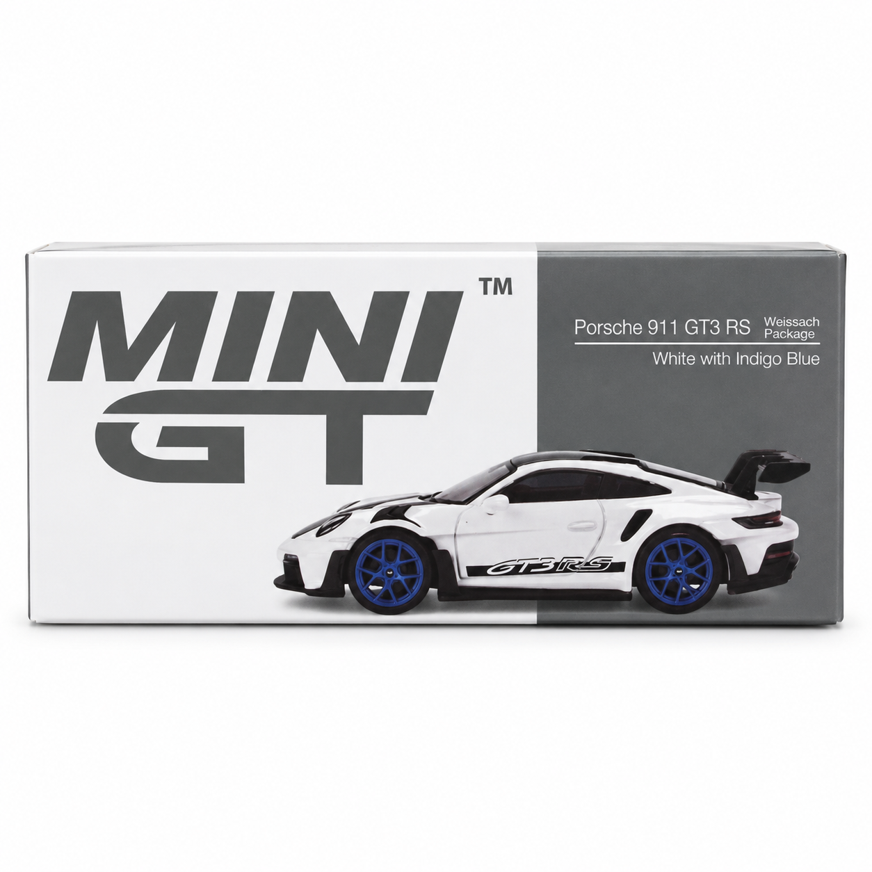 MINI GT 1:64 Porsche 911 GT3 RS Weissach Package – White with Indigo Blue | Premium Die-Cast Collectible Model Car