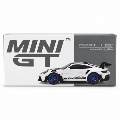 MINI GT 1:64 Porsche 911 GT3 RS Weissach Package – White with Indigo Blue | Premium Die-Cast Collectible Model Car