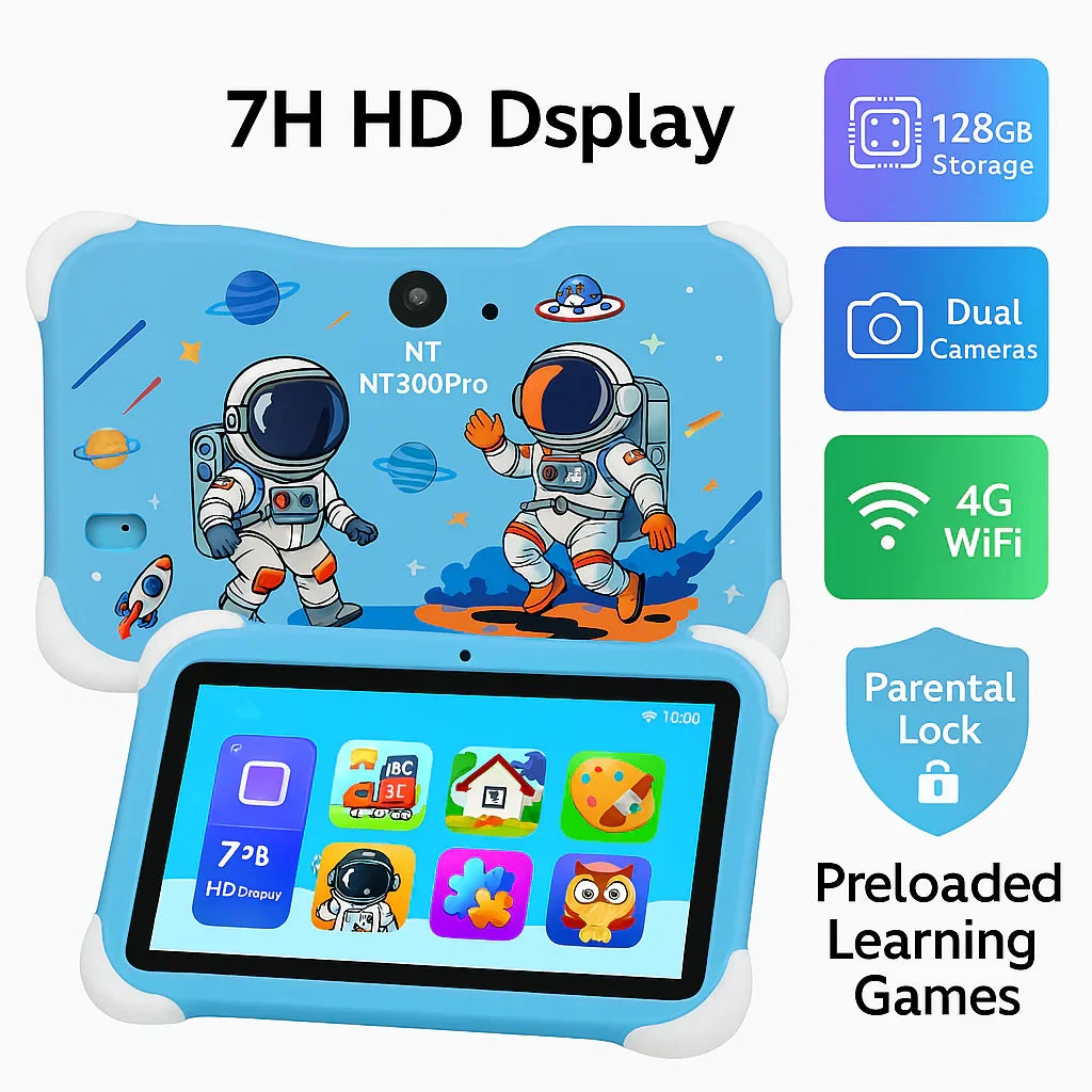 Kids Learning Tablet – 7" HD, 128GB, Dual Cameras, 4G/WiFi, Parental Lock, Fall-Proof Cover - Jaiman Toys