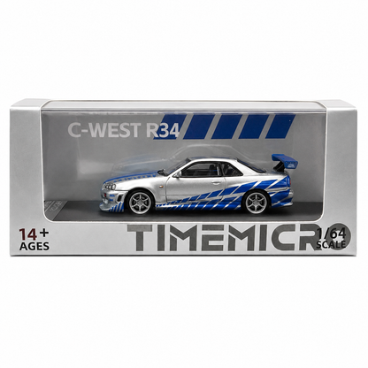 Time Micro 1:64 Nissan Skyline GT-R R34 C-West Silver & Blue Die-Cast Model Car | JDM Japanese Racing Sports Car Miniature | Detailed Collectible Scale Model with Racing Livery Display Box | Premium Nissan R34 Diecast Car for Collectors & Display